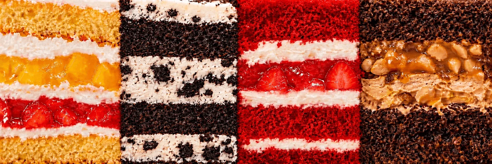 Фруктова, Oreo, червоний оксамит і карамельно-арахісова начинки тортів у розрізі